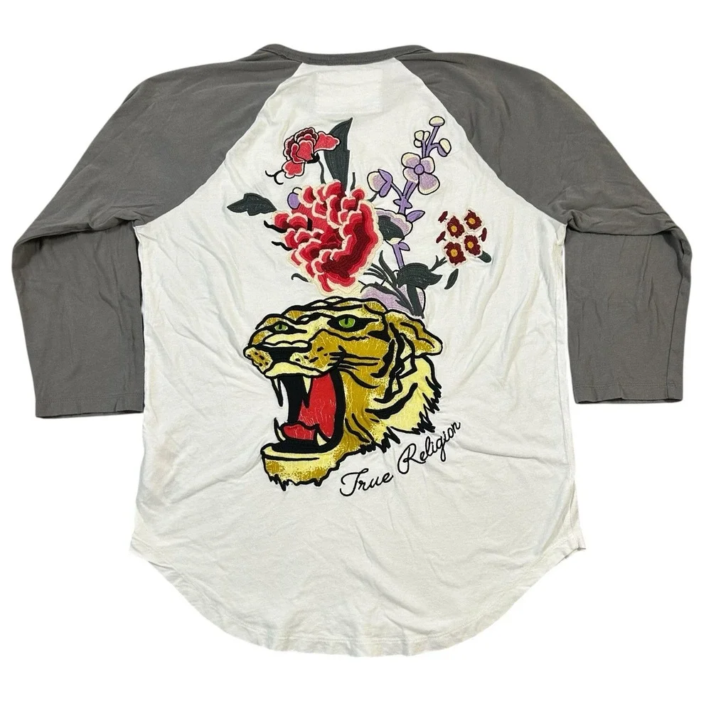 True Religion Y2K Tiger Embroidery Baseball Tee Size Medium‎ Raglan